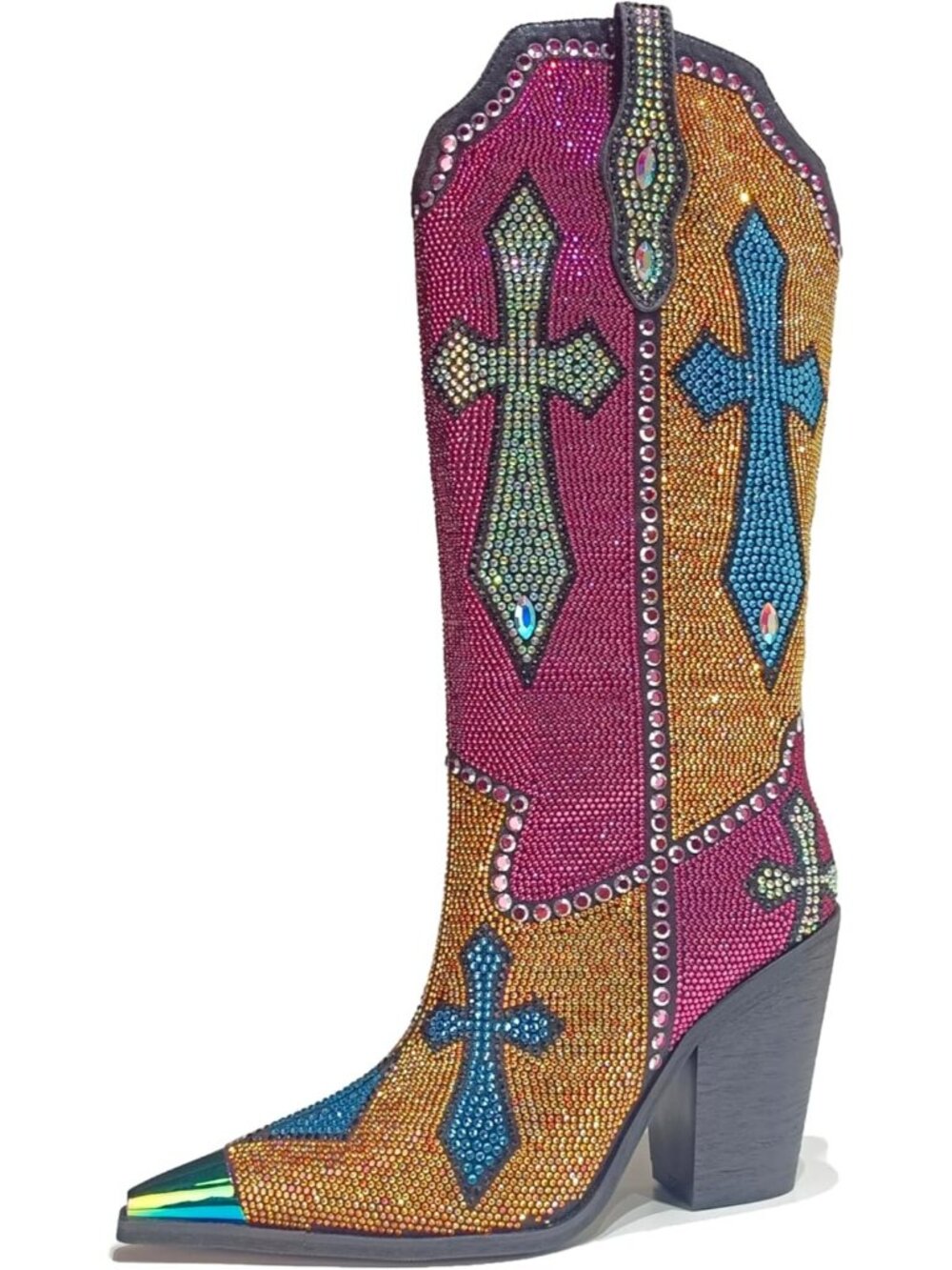 Women's Multi Rhinestone Cross Western Pointed Toe Knee High Cowboy Boots